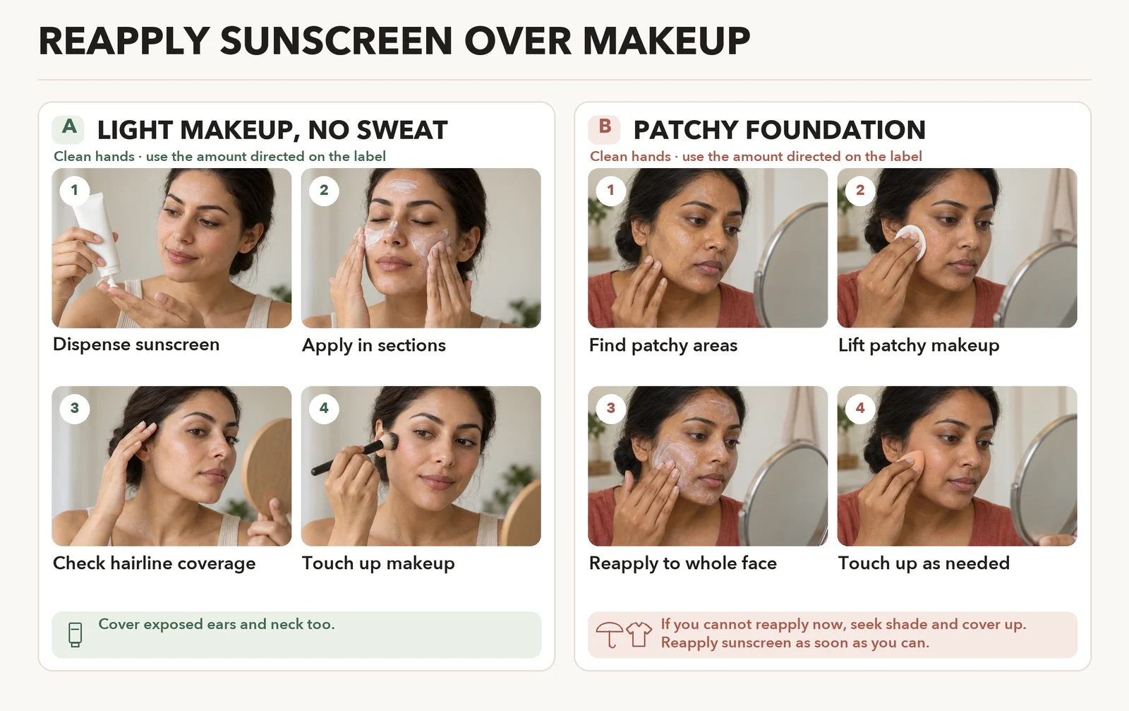 Two photo sequences show sunscreen spread over light makeup, or patchy foundation removed before sunscreen is reapplied.