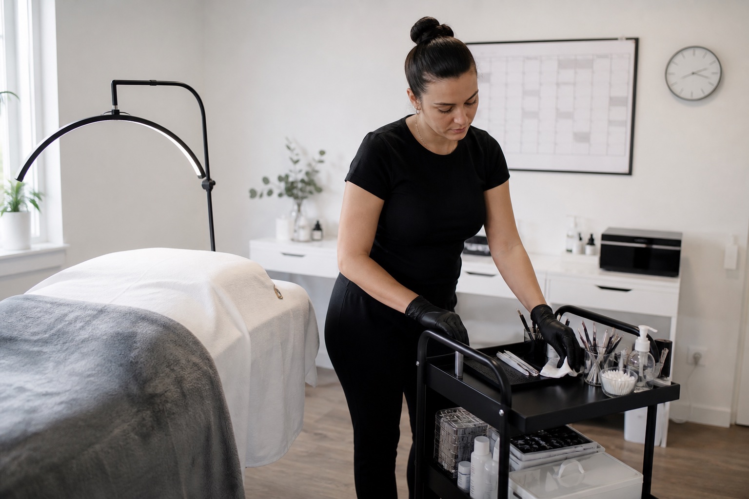 Lash maker adulta riordina lettino, carrello e strumenti tra due appuntamenti