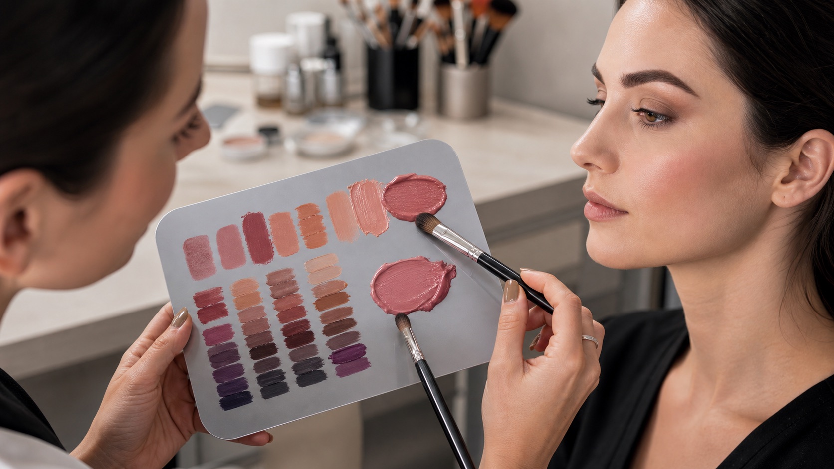Make-up artist adulta confronta campioni ordinati per tonalità, valore e saturazione accanto al volto di una modella adulta
