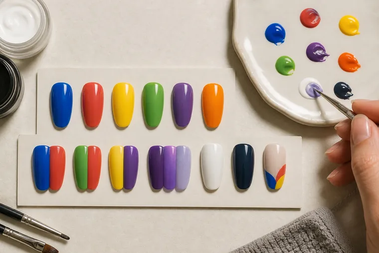 Tip blu, rosse, gialle, verdi, viola e arancioni, con accostamenti e variazioni chiare e scure