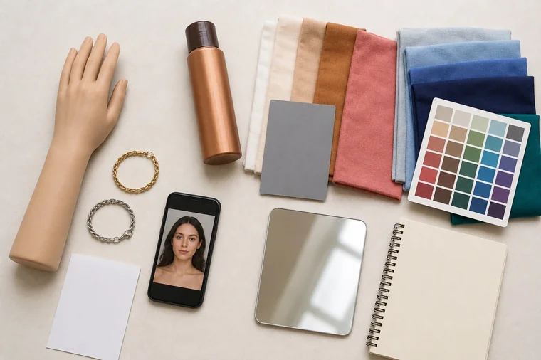 Fabrics, gold and silver bracelets, a phone, a mirror, and color references arranged on a table.
