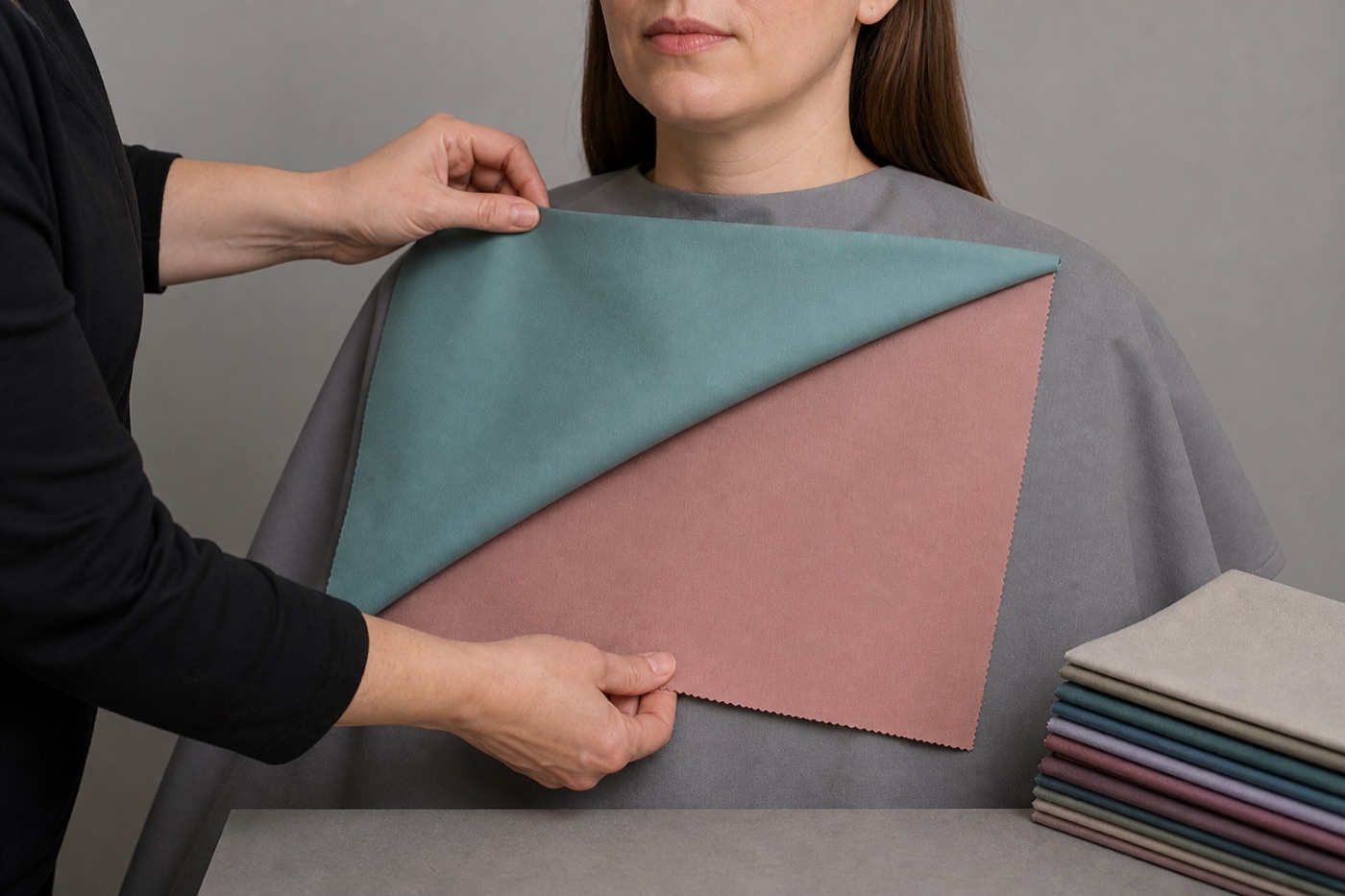 Consulente solleva un drappo verde petrolio e rivela un drappo rosa smorzato mantenendo uguali altezza e superficie sotto il viso