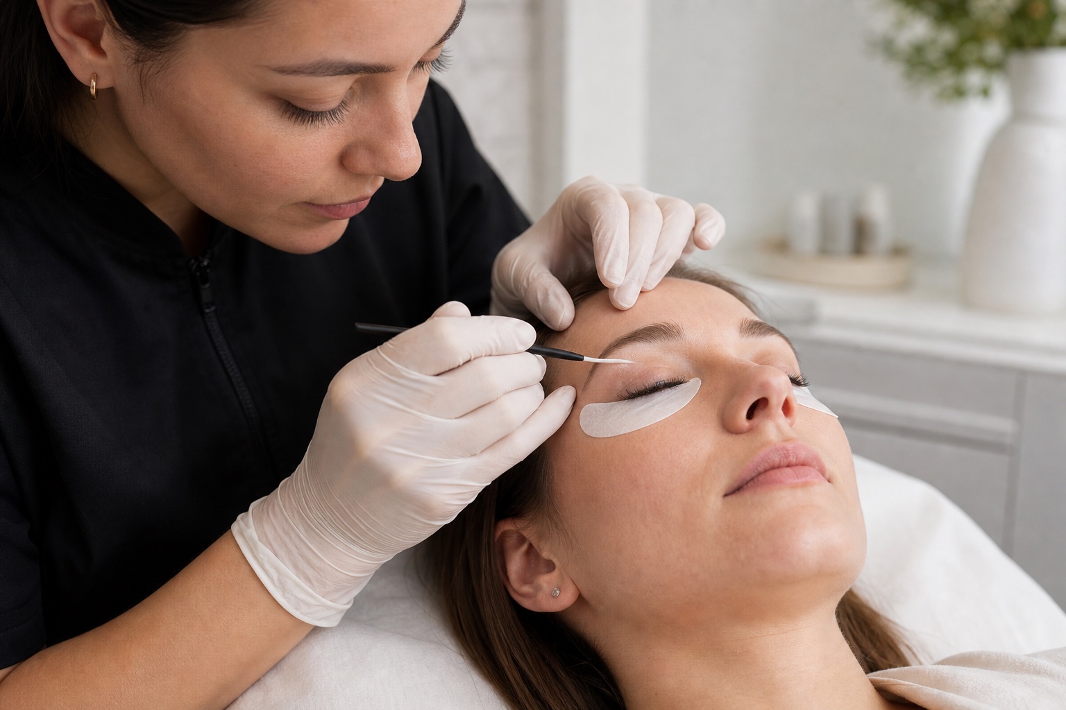 Professionista lash adulta con guanti applica con precisione la tinta sulle ciglia superiori di una cliente adulta a occhi chiusi protetta da patch sotto-oculari
