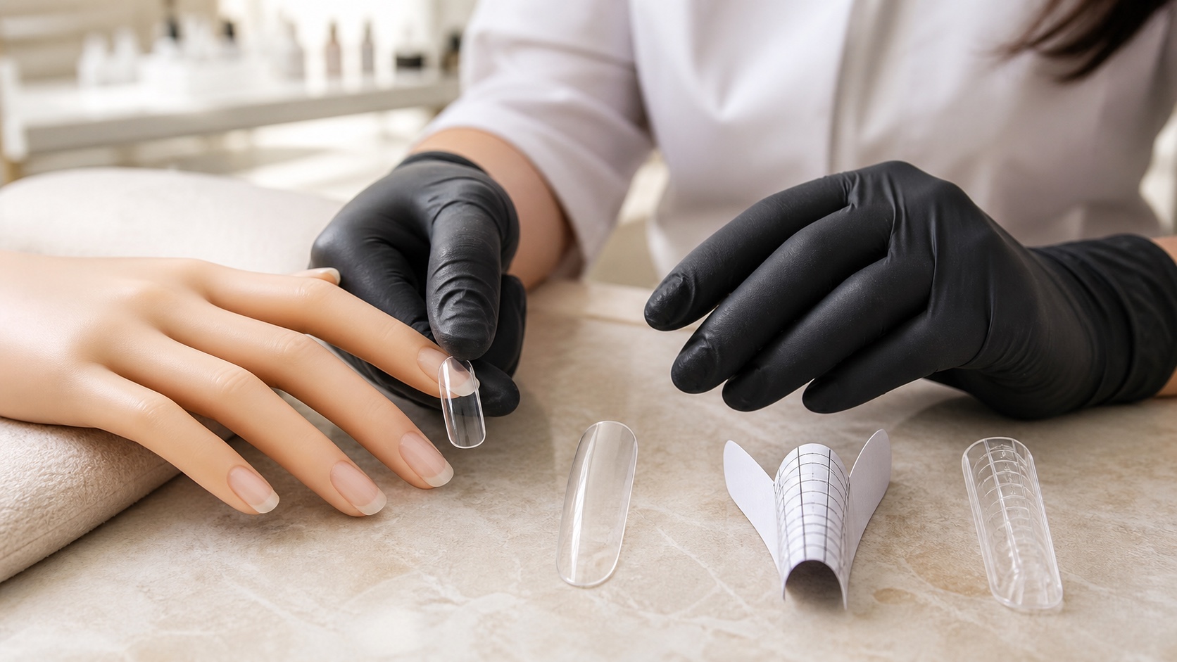 Onicotecnica confronta tip classica, gel tip full-cover, nail form e dual form su una mano didattica