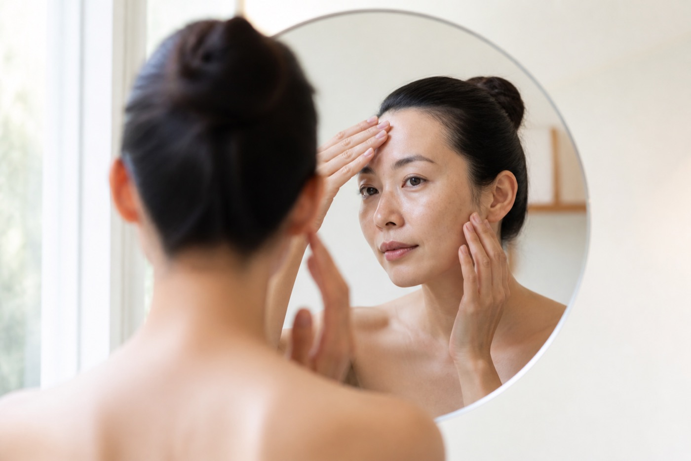 Donna adulta osserva il proprio viso pulito in uno specchio vicino a una finestra con luce naturale neutra
