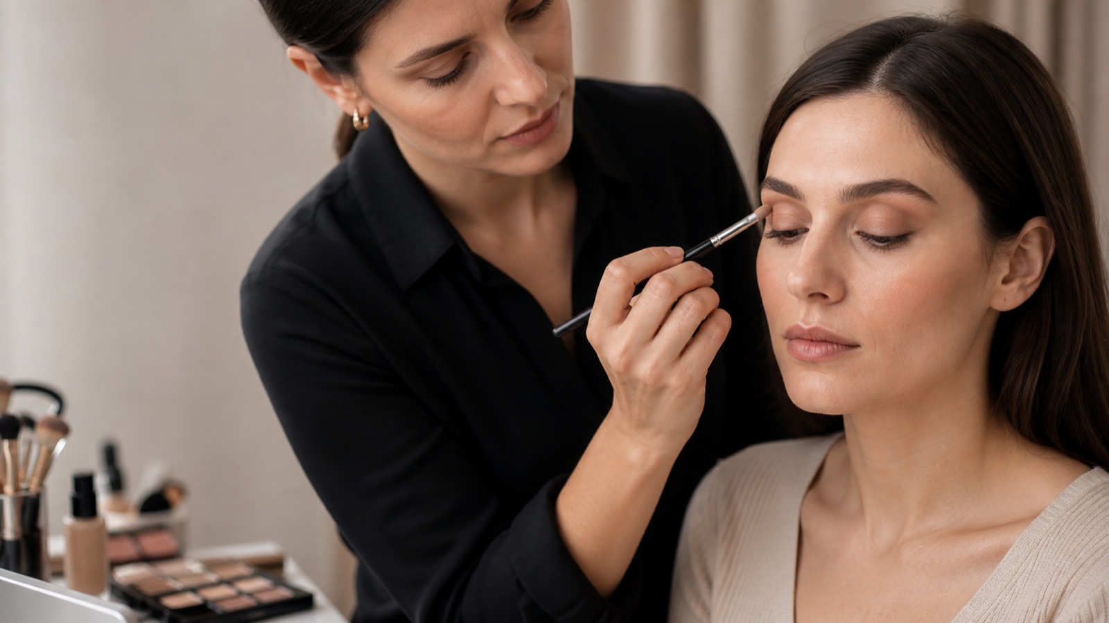 Make-up artist adulta applica ombretto neutro sull’occhio di una modella adulta con palpebra incappucciata in studio