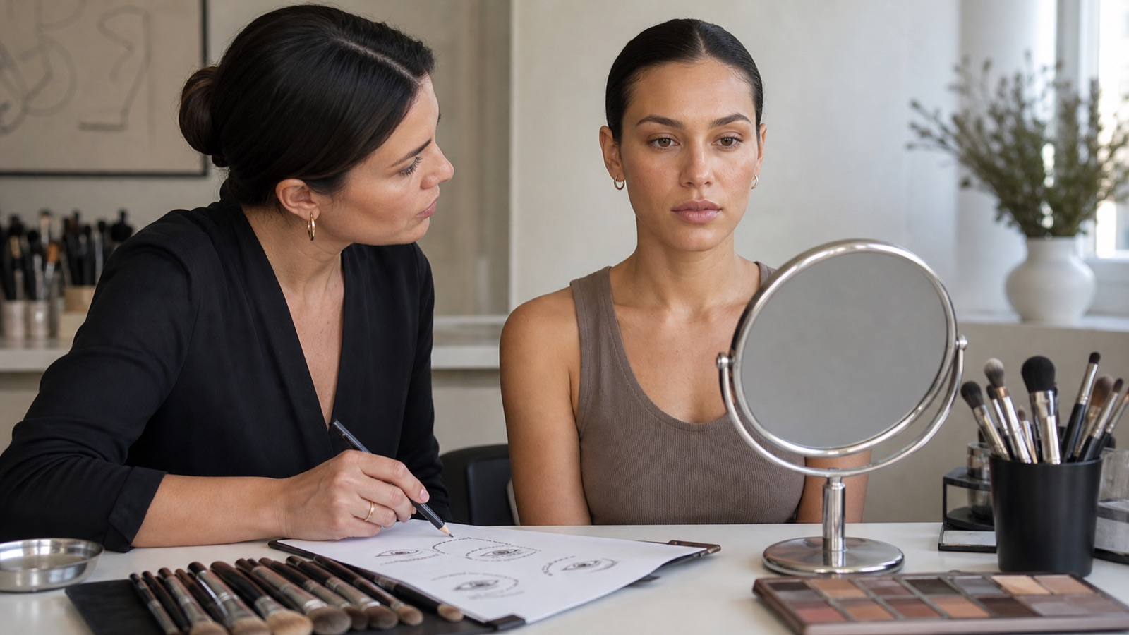 Make-up artist adulta osserva frontalmente gli occhi di una modella adulta e prepara una mappa di applicazione su face chart