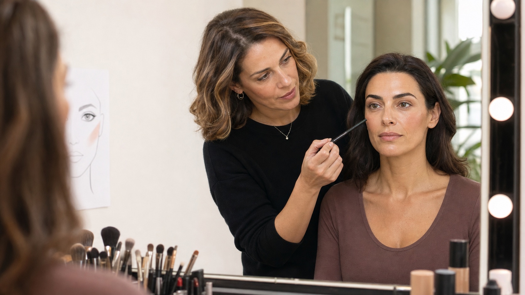 Make-up artist adulta analizza proporzioni e direzioni del viso di una modella adulta davanti allo specchio