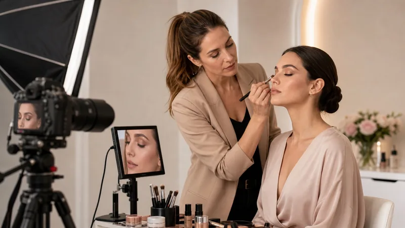 Make-up artist rifinisce il trucco sul set accanto a fotocamera, luce diffusa e monitor