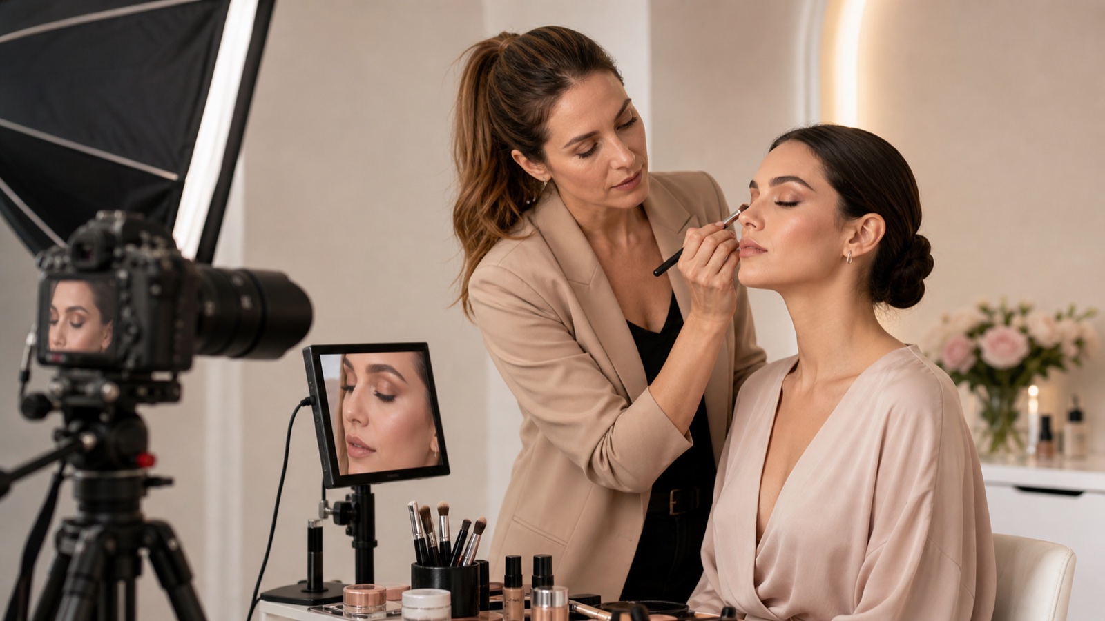 Make-up artist adulta rifinisce il trucco di una modella adulta in uno studio con fotocamera, softbox e monitor di controllo senza marchi