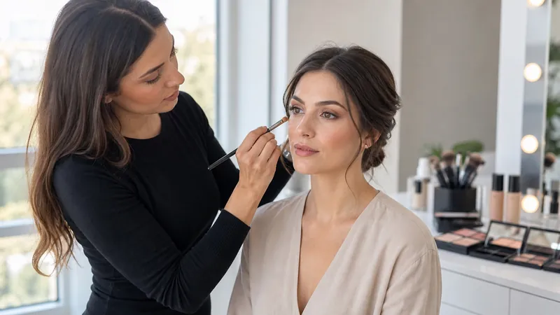 La make-up artist rifinisce il contorno occhi in un trucco giorno con ombretto marrone e labbra rosate