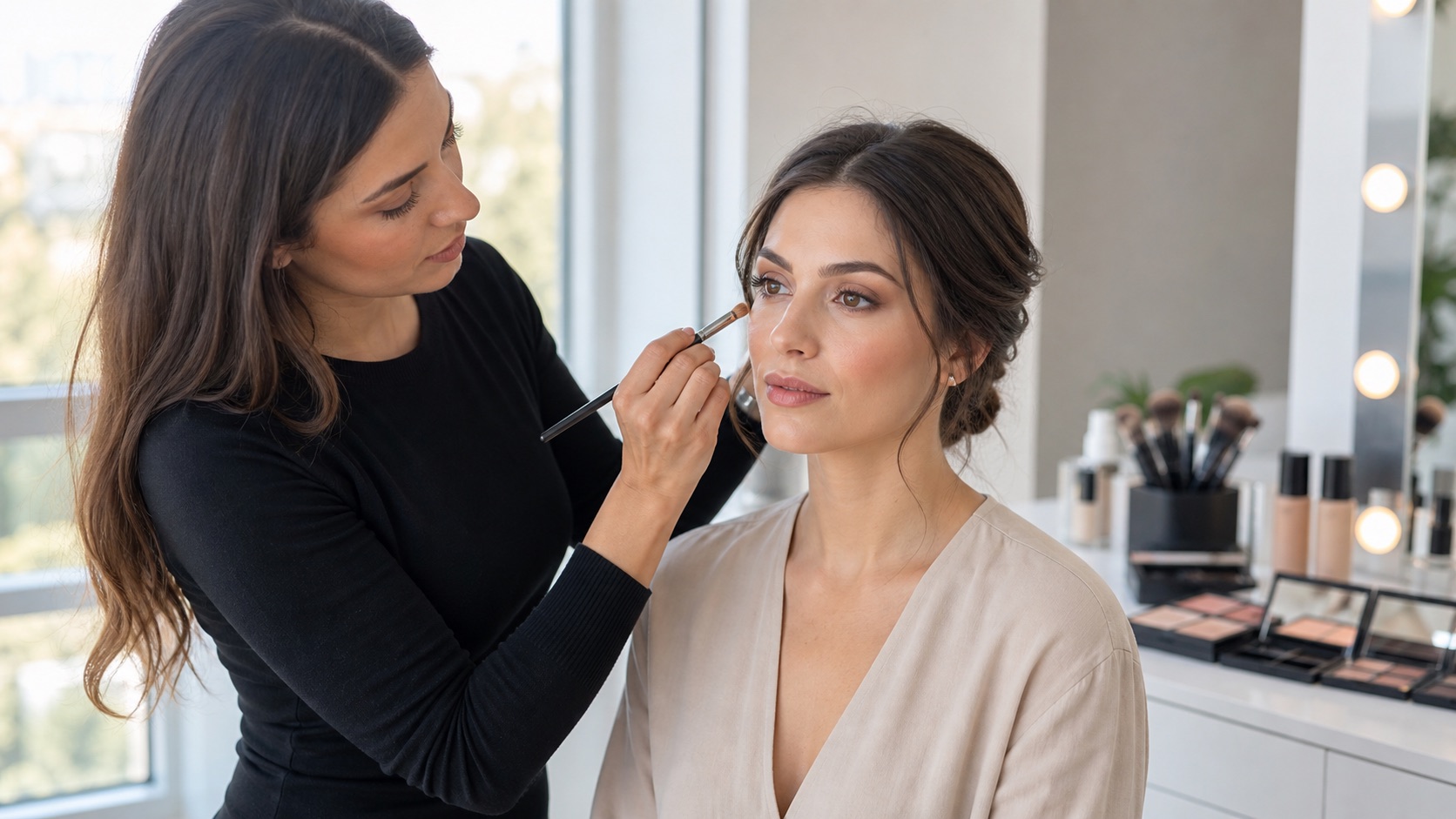 Make-up artist adulta applica un trucco giorno professionale naturale a una cliente adulta in studio illuminato dalla luce del giorno