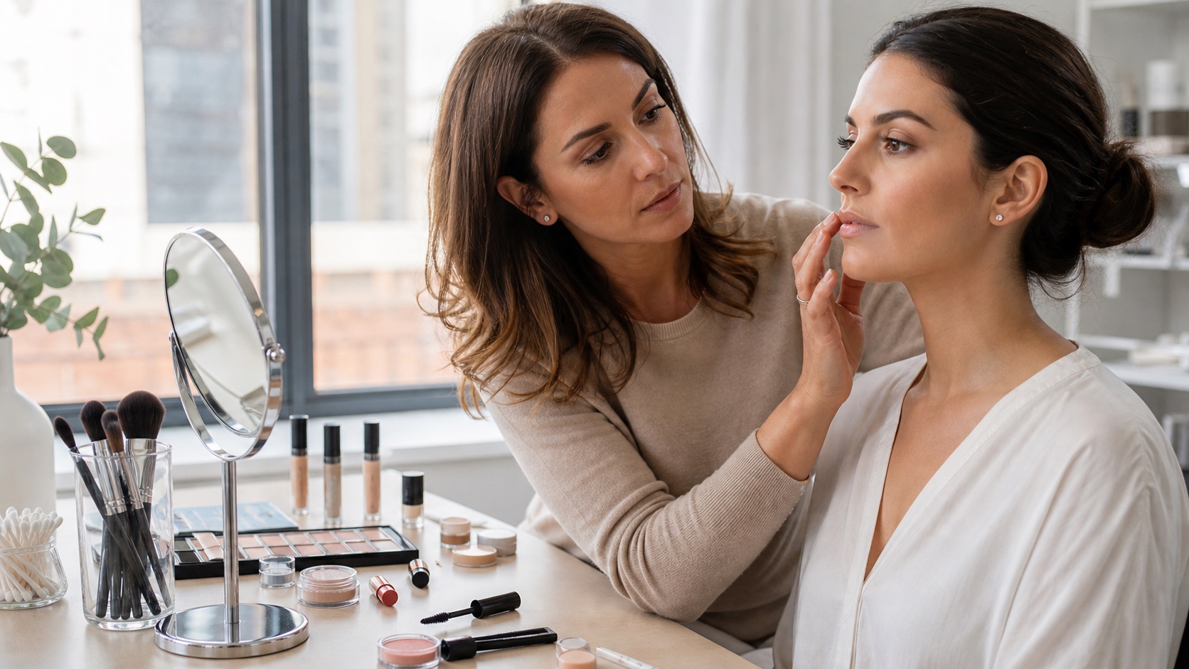Make-up artist adulta controlla il trucco giorno naturale di una cliente adulta accanto a una selezione ordinata di prodotti senza marchi