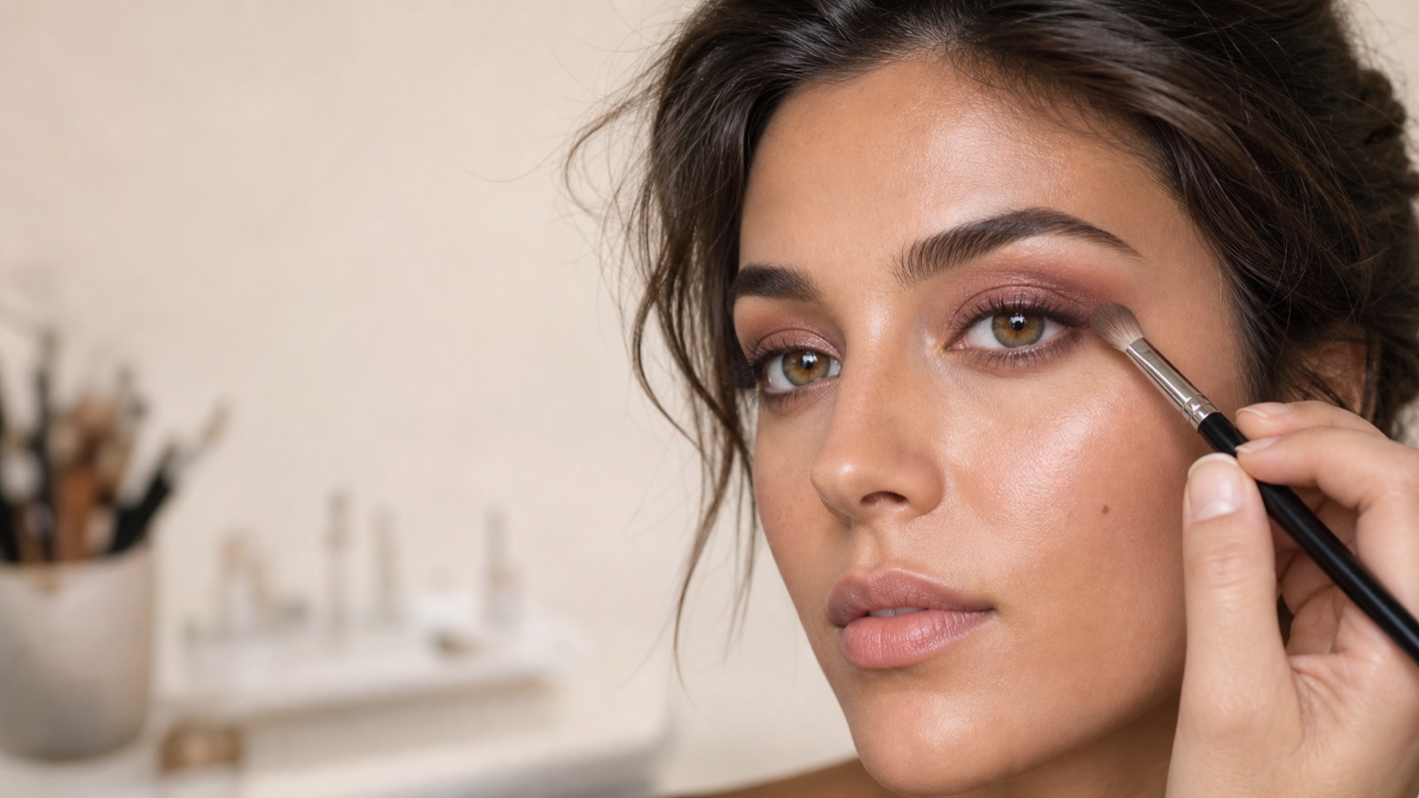 Make-up artist applica ombretto rame e prugna con un pennello pulito sugli occhi nocciola di una modella adulta in uno studio luminoso