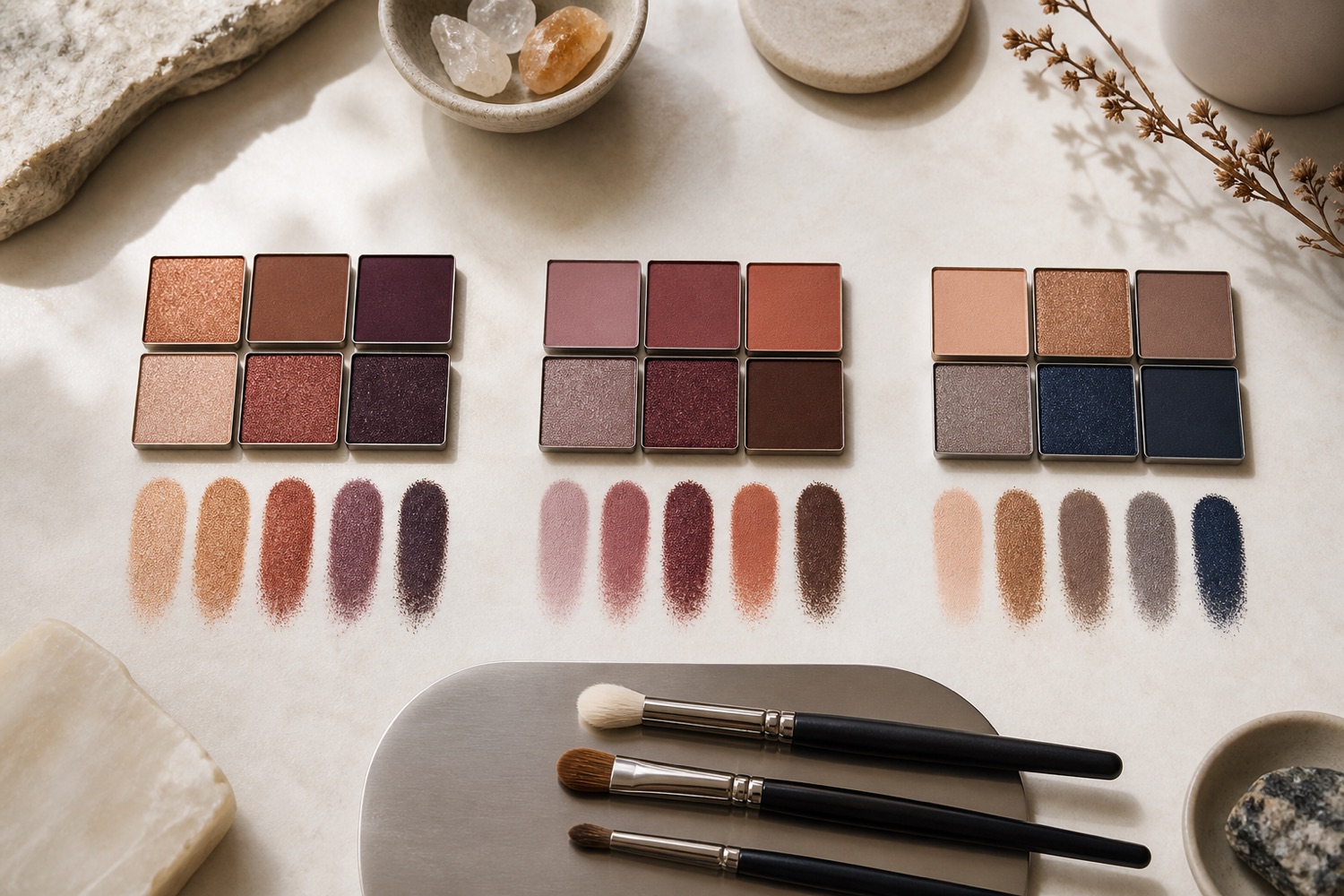 Tre gruppi di ombretti professionali puliti con rame, prugna, borgogna, taupe e navy disposti con pennelli su una palette metallica