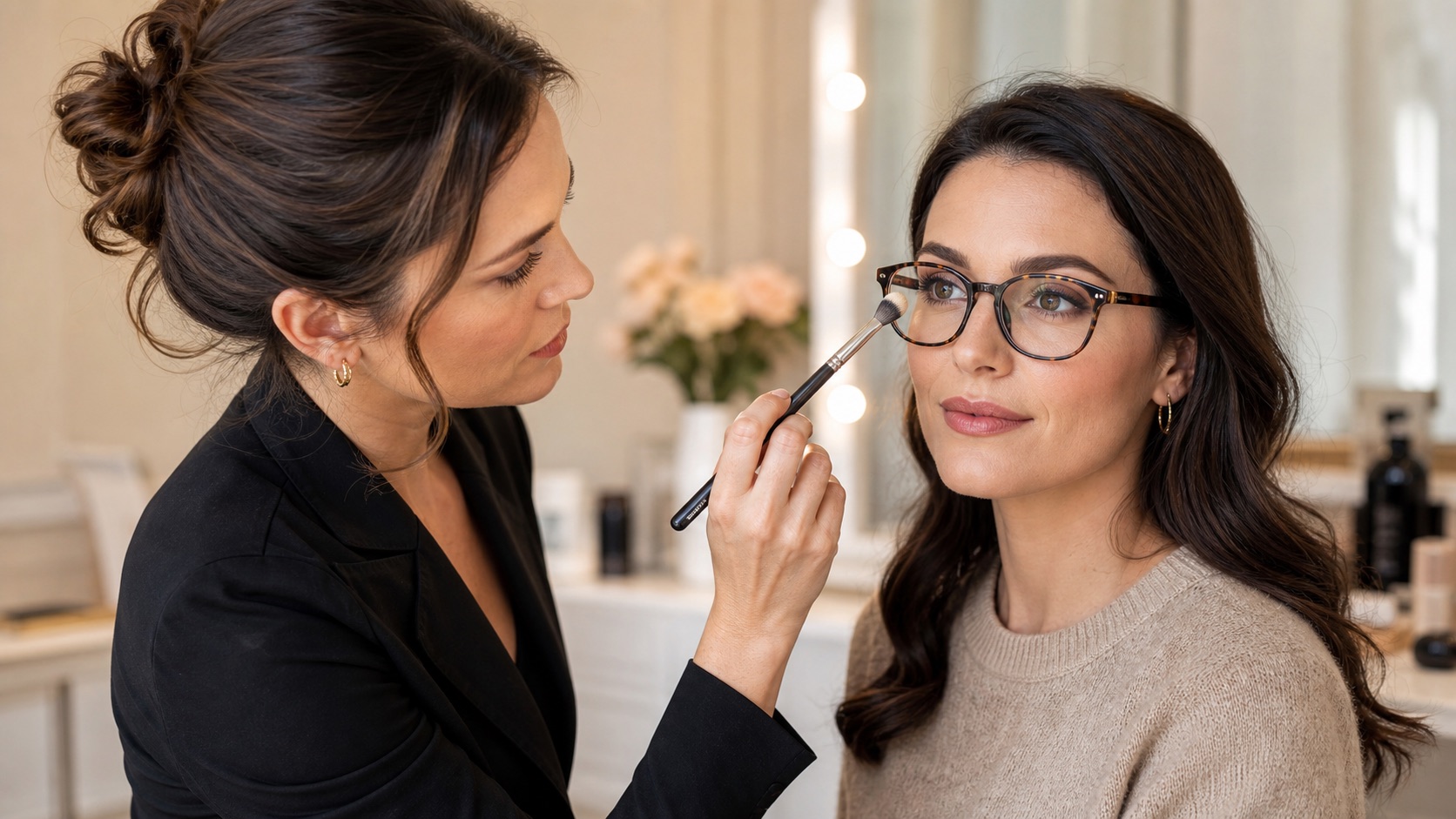 Make-up artist controlla simmetria e visibilità del trucco occhi su una cliente adulta con occhiali da vista