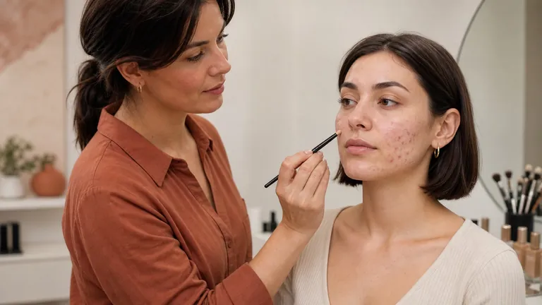 Applicazione localizzata del correttore con un pennello piccolo sulla guancia di una donna con acne