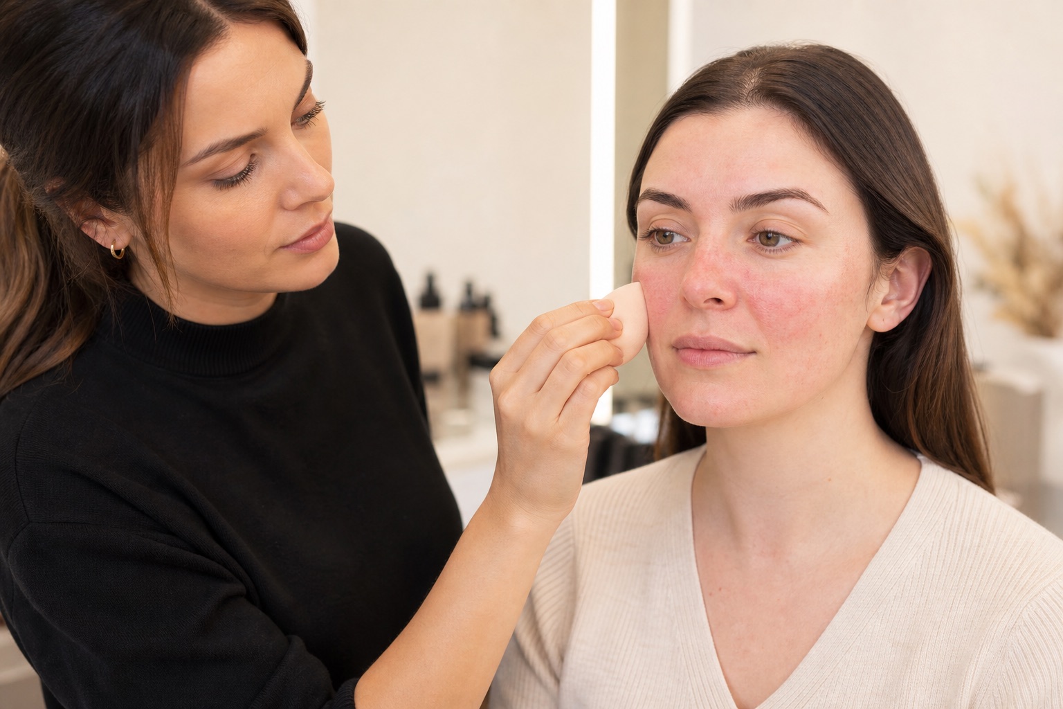 Make-up artist applica delicatamente una base con spugna pulita su una cliente adulta con rossore diffuso realistico sulle guance e sul naso