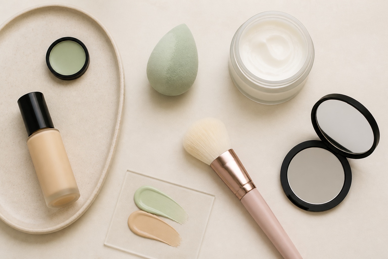 Kit make-up essenziale con correttore verde, fondotinta liquido, spugna pulita, pennello morbido, crema senza etichetta e specchio