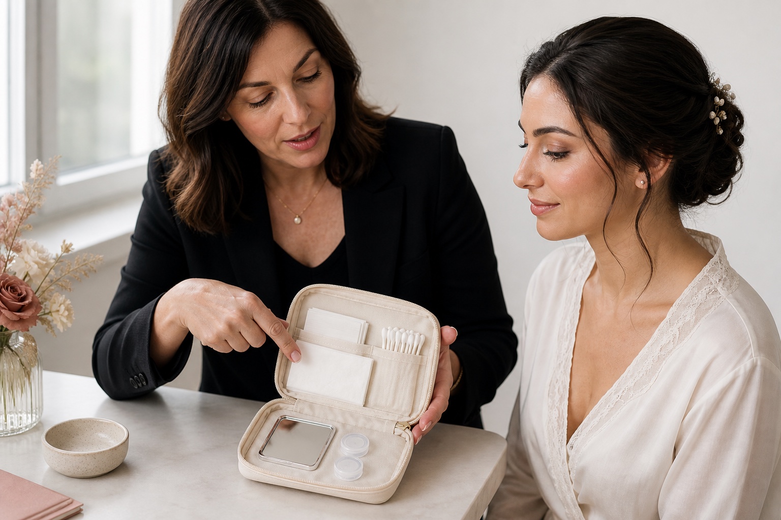Make-up artist adulta mostra a una sposa adulta un kit ritocchi compatto con veline, cotton fioc confezionati e specchio