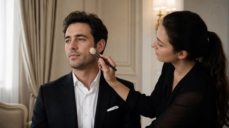Make-up artist con un pennello sulla guancia di uno sposo in abito scuro