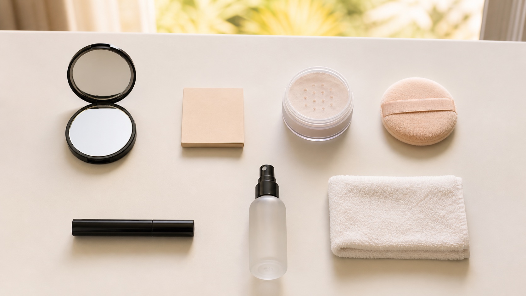 Postazione ordinata per ritocco estivo con specchio, carta assorbente, cipria, piumino, mascara chiuso, spray e tessile pulito