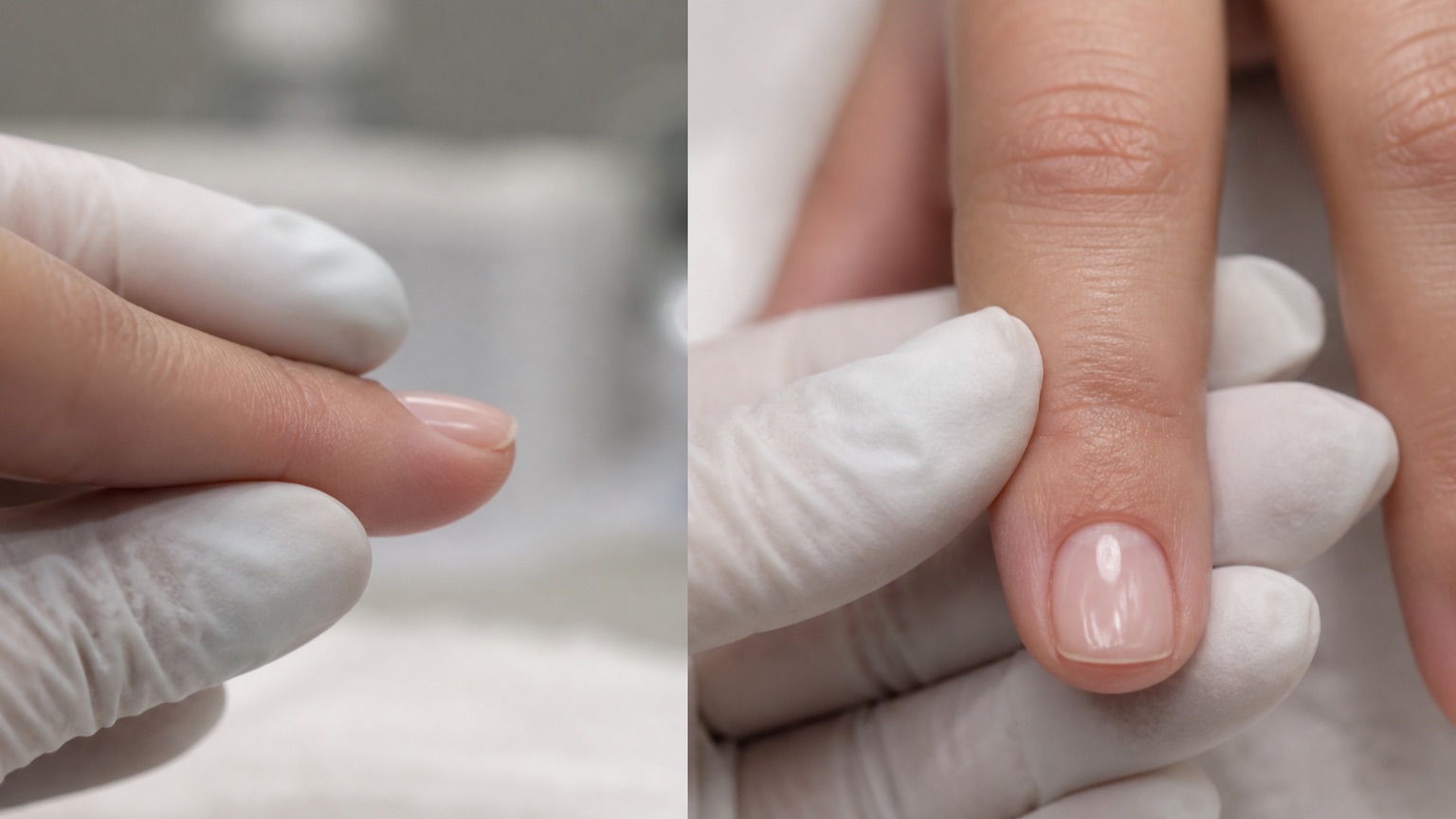 Nail technician comparing top, side and front views of natural nails before planning a corrective enhancement