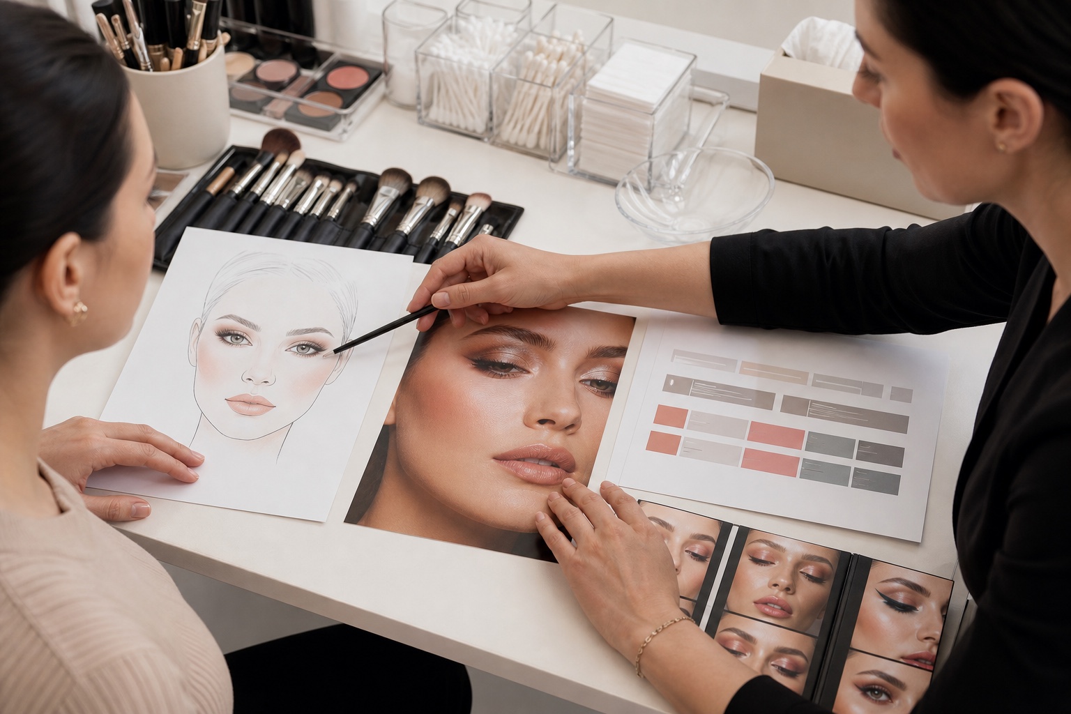 Docente e allieva adulte valutano face chart, prova pratica e feedback di un corso make-up