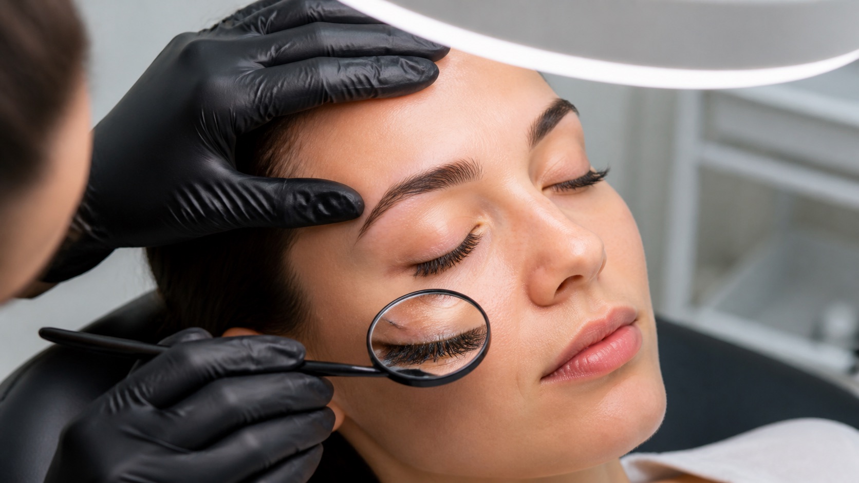 Professionista osserva le ciglia naturali di una cliente adulta con occhio chiuso usando luce e specchio da ispezione