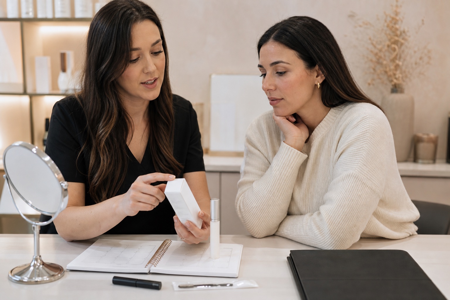 Professionista adulta e cliente adulta leggono insieme l’etichetta di un siero ciglia non brandizzato accanto a una scheda di monitoraggio