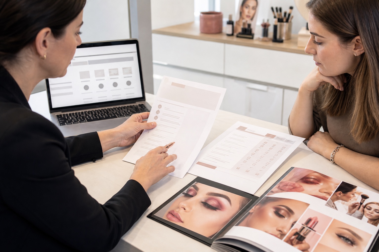 Allieva adulta e consulente confrontano programma, verifiche e portfolio prima di valutare un attestato make-up