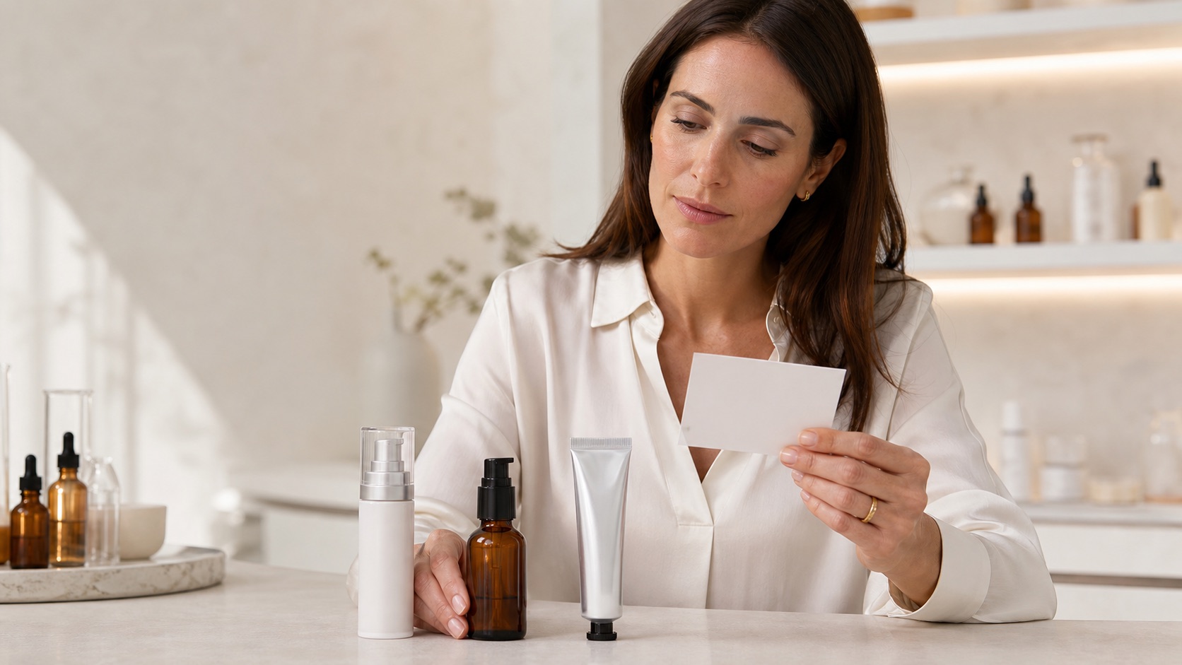 Professionista skincare confronta tre confezioni protettive senza marchio e una scheda neutra in uno studio luminoso