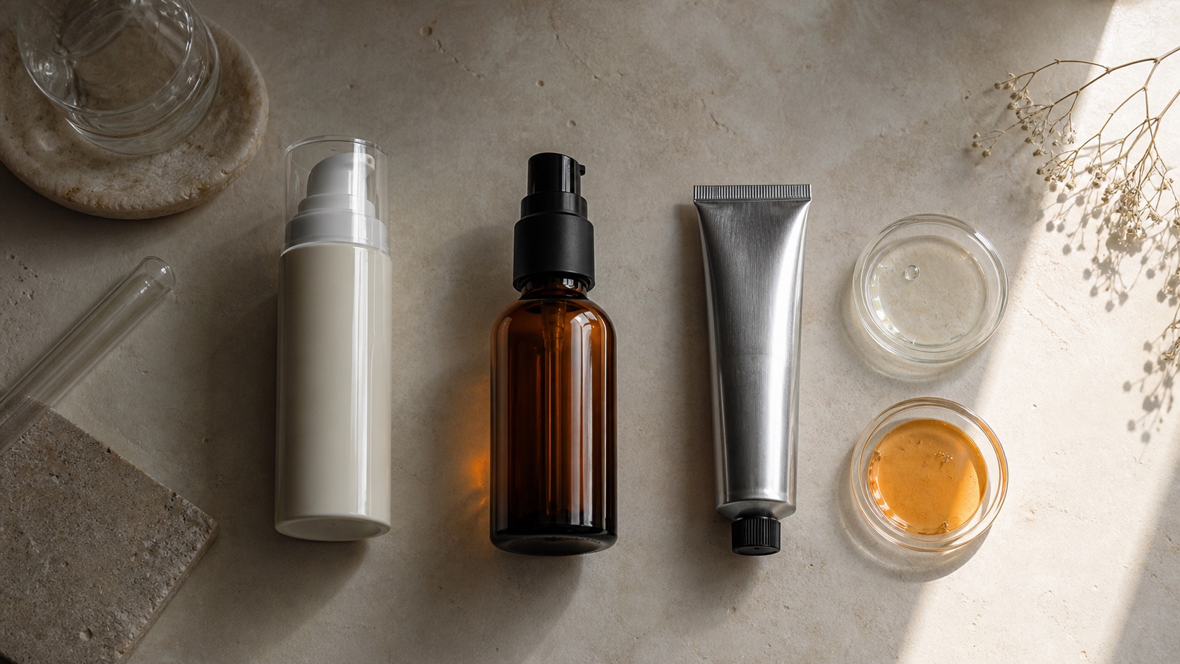 Confezioni cosmetiche opache, flacone ambrato e tubo metallico accanto a due campioni di siero chiaro e ambrato su pietra