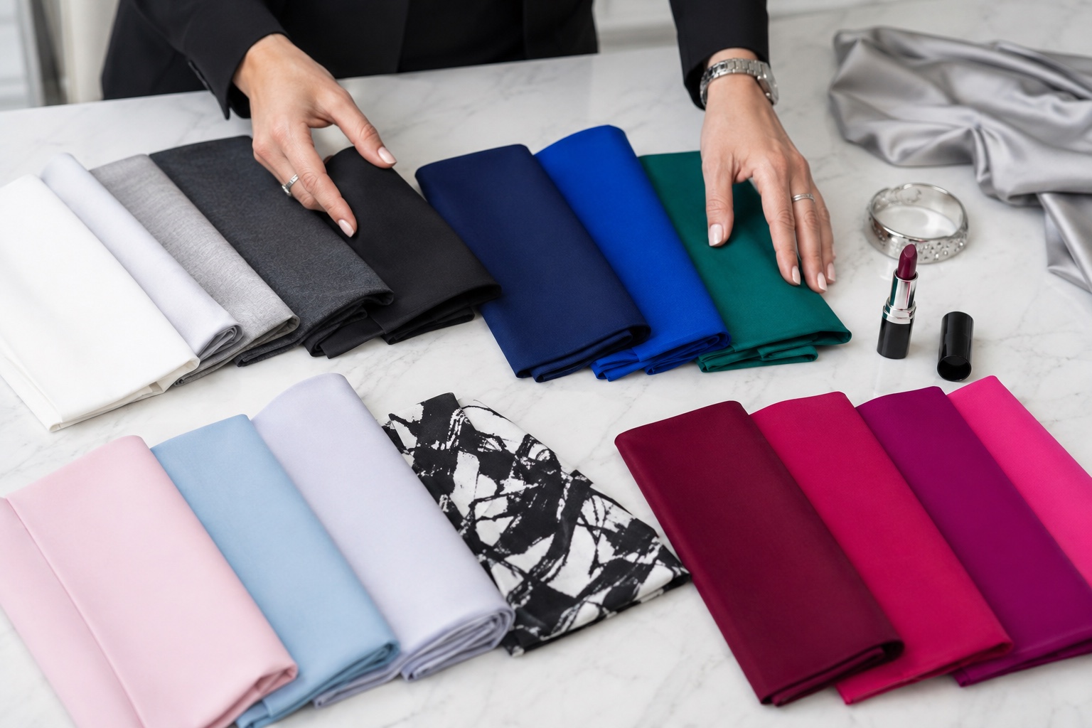 Winter capsule palette groups crisp white, grey, black and navy with cobalt, cool emerald, icy pastels, berry and fuchsia fabrics, silver and lipstick