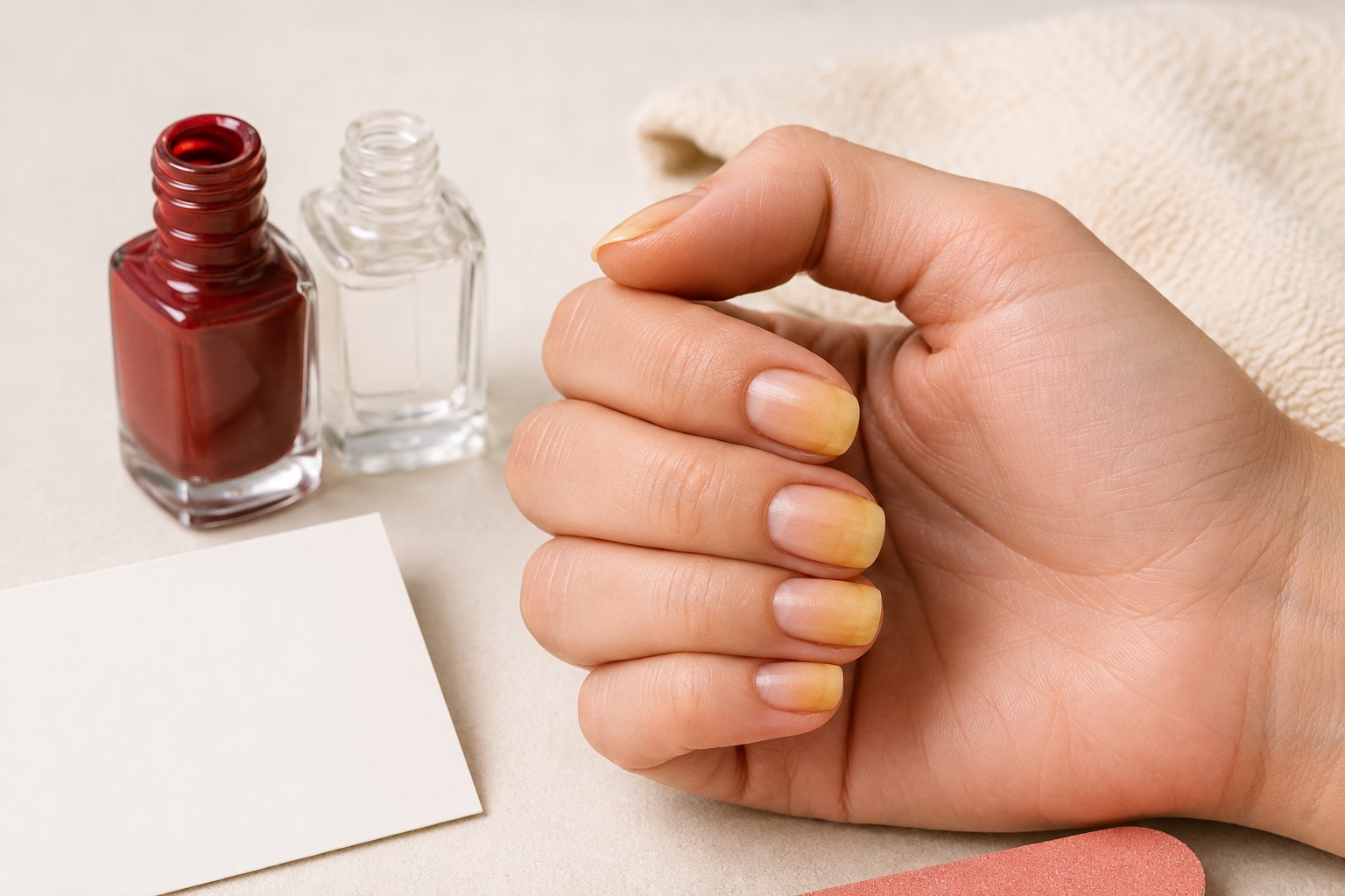 Smooth natural fingernails with mild yellow-orange polish staining growing toward the free edge beside dark red polish and clear base coat