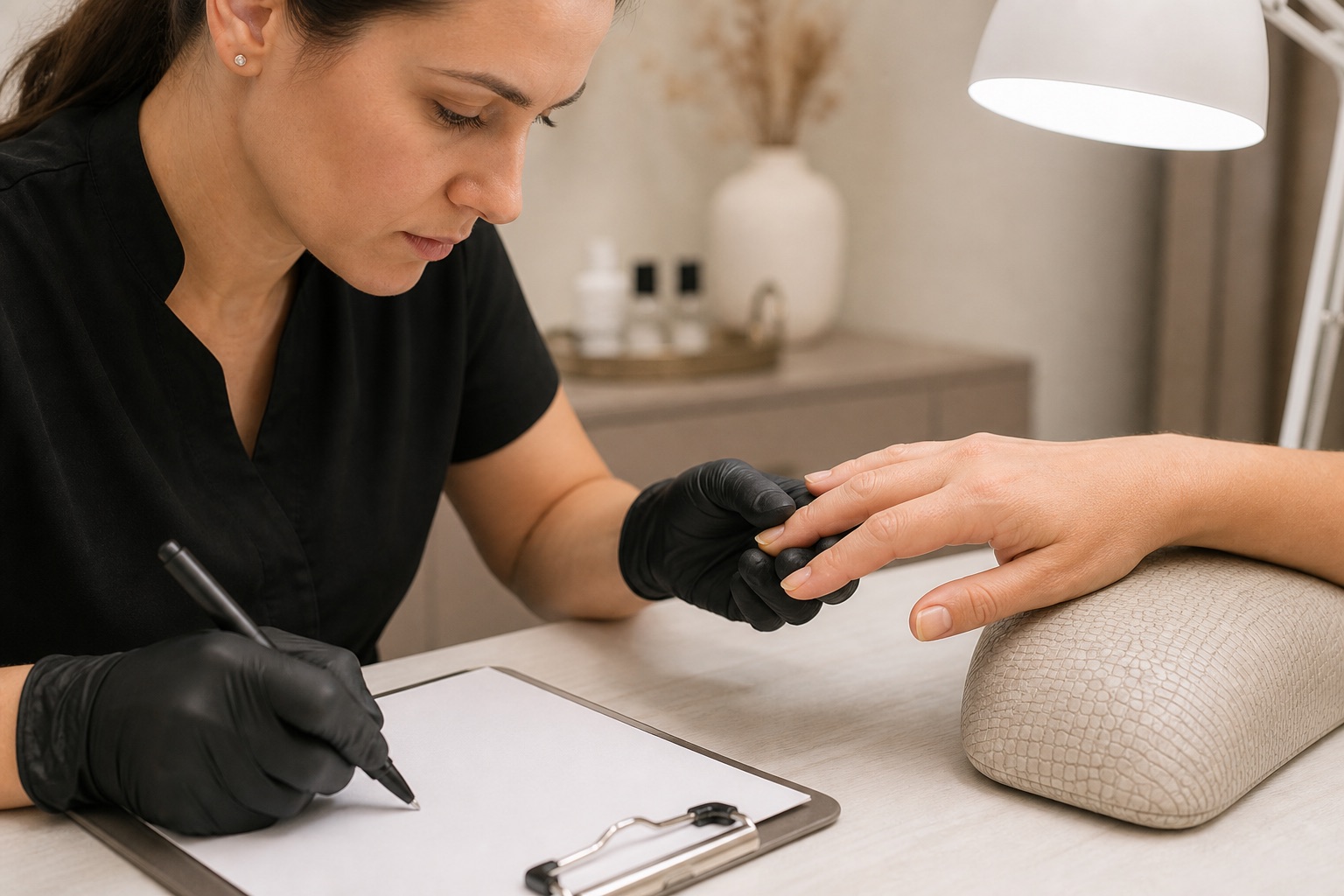 Nail professional documents an unexplained yellow area on a natural fingernail under neutral task light without applying product
