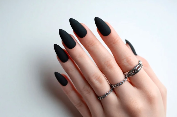 black matte nails on almond shape