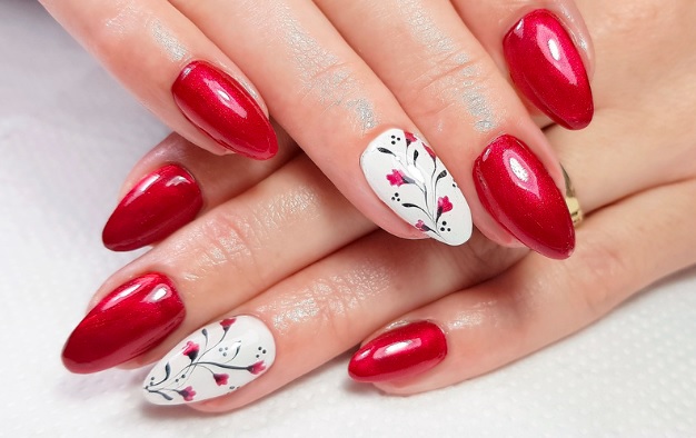 red gel nails with flowers